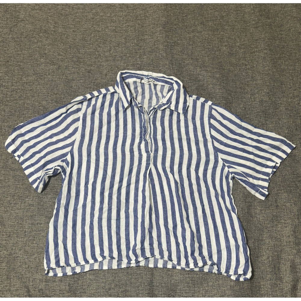 Lola River Women's Medium Shirt Blue White Striped Tencel Linen Short Sleeve